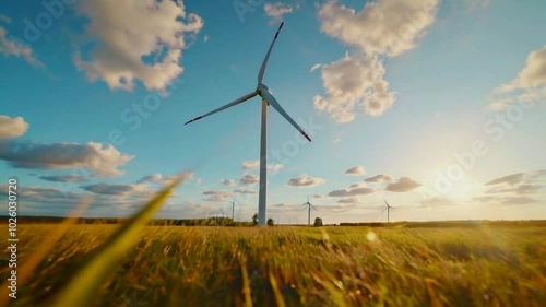 Wind turbine farm stands tall against the blue sky, a symbol of sustainable energy production photo