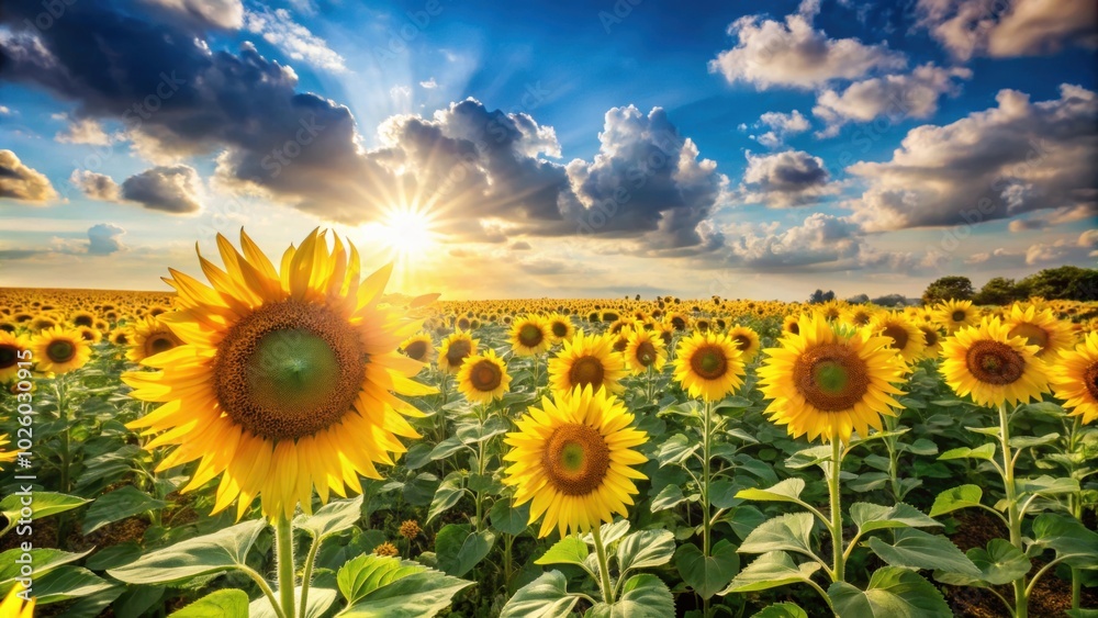 Fototapeta premium Sunflower field under sunny sky , agriculture, farming, harvesting, rural, gardening, summer, yellow flower, blooming, field