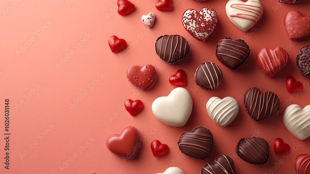Valentines Day greeting card featuring lovethemed chocolate candy with red and white hearts in paper cut style set on a coral background with space for text and an origami touch Valentines Day greeting card featuring lovethemed chocolate candy with red and white hearts in paper cut style set on a coral background with space for text and an origami touch