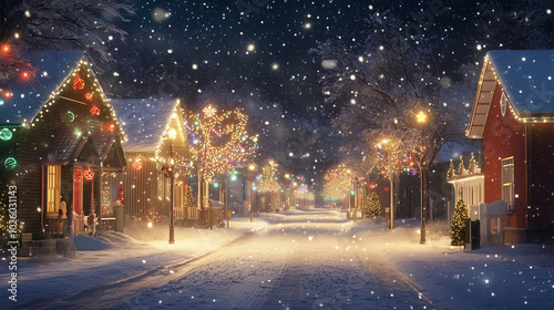 A snow-covered street at night with houses decorated with colorful Christmas lights