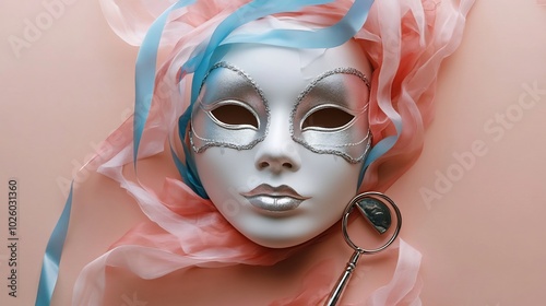 Delicate white silver Venetian mask with playful blue and pink streamers and a metallic whistle set against a minimalist soft beige background for a subtle carnival party look photo