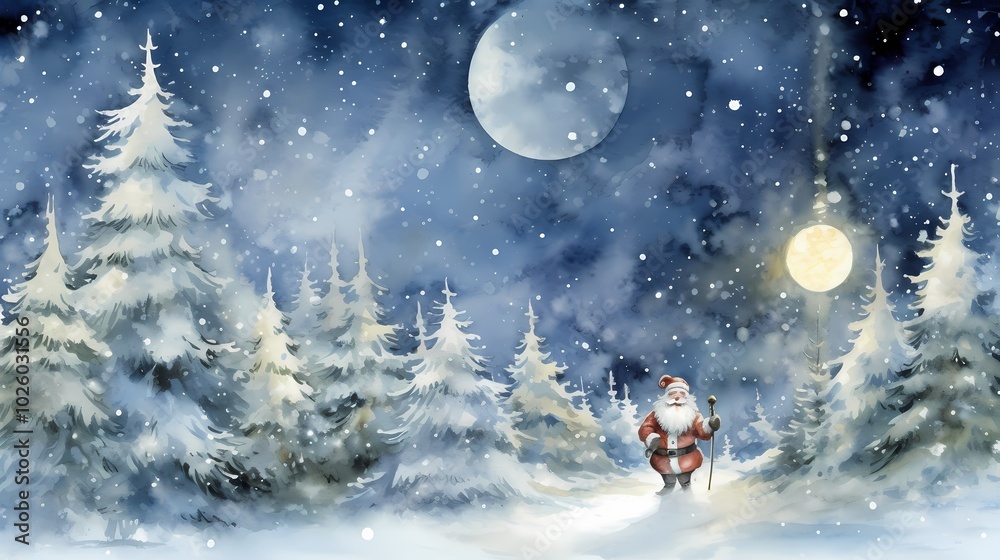 Fototapeta premium Cheerful Santa Claus in snowy backdrop evokes holiday spirit and warmth.