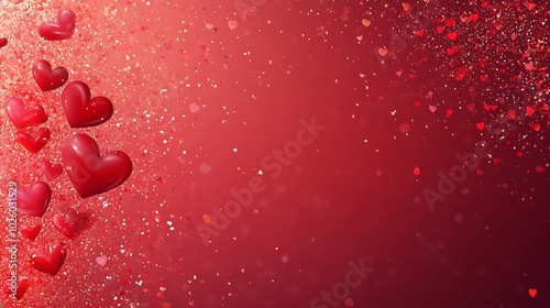 Vibrant red banner filled floating hearts perfect Valentine's greeting cards Horizontal design festive feel ideal headers posters and websites Soft glowing elements accentuate the vector illustration photo