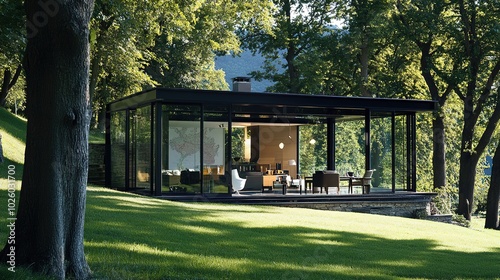 Glass house surrounded by lush greenery with a detailed map placed next to it, evoking a sense of peaceful solitude and exploration. The modern architectural design of the glass house contrasts 