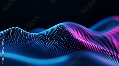  3D render of a blue and pink gradient wave of dots on a black background, a digital technology concept for business or data science.