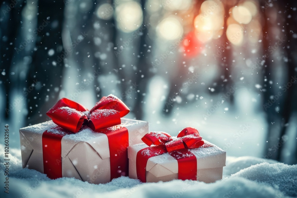 Two beautifully wrapped gifts with red ribbons sit on snow, surrounded by a serene winter landscape with falling snowflakes. Two beautifully wrapped gifts with red ribbons sit on snow, surrounded by a serene winter landscape with falling snowflakes.