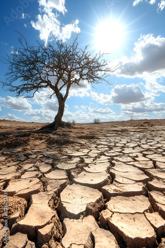 A dry, cracked desert landscape suffering from severe drought, withered tree, heatwaves