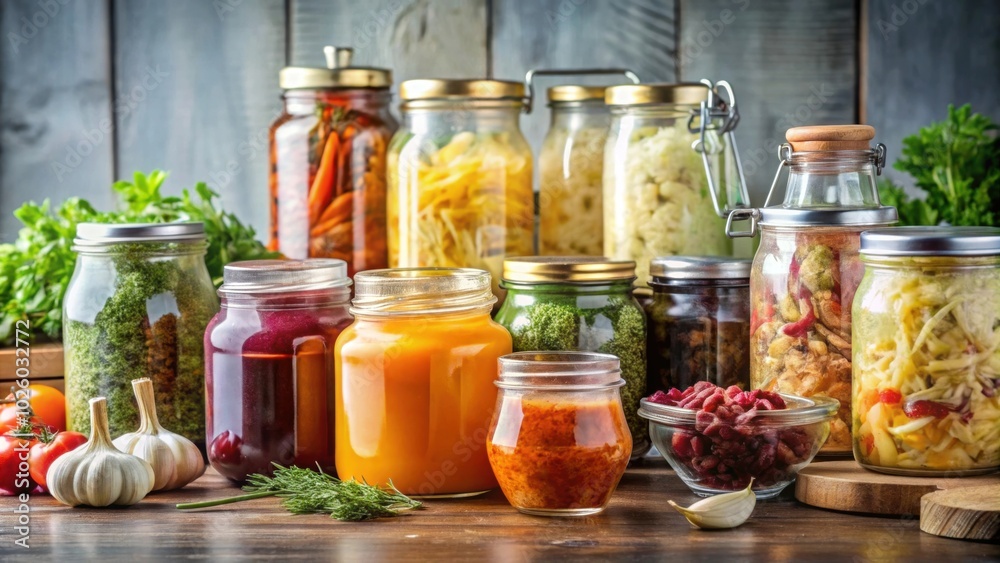 Kitchen scene with jars of kombucha, sauerkraut Kitchen scene with jars of kombucha, sauerkraut