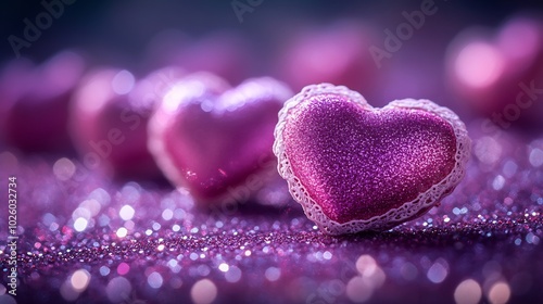 Soft pink lacetrimmed hearts placed a radiant purple glitter surface with glittering sparkles creating a dazzling Valentine's Day composition Romantic and visually enchanting backdrop photo