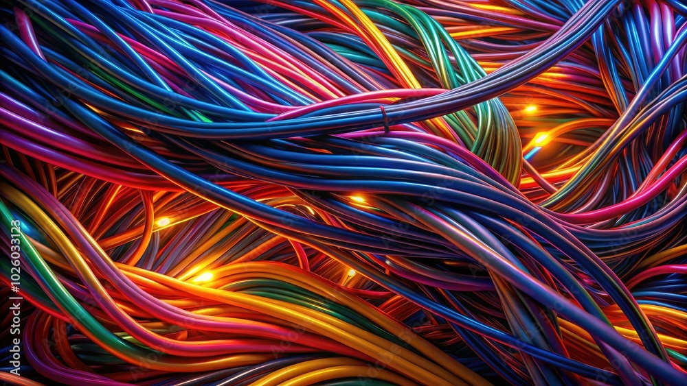 Dynamic, colorful cables twist and intertwine in an energetic, vibrant abstract composition, celebrating the interplay of colors and forms in a visually striking artistic arrangement. Dynamic, colorful cables twist and intertwine in an energetic, vibrant abstract composition, celebrating the interplay of colors and forms in a visually striking artistic arrangement.
