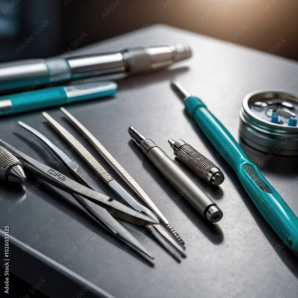Precision Surgical Tools: A close-up view of meticulously arranged surgical instruments, reflecting the precision and care demanded in the operating room. The tools, including forceps, scalpels. Precision Surgical Tools: A close-up view of meticulously arranged surgical instruments, reflecting the precision and care demanded in the operating room. The tools, including forceps, scalpels.