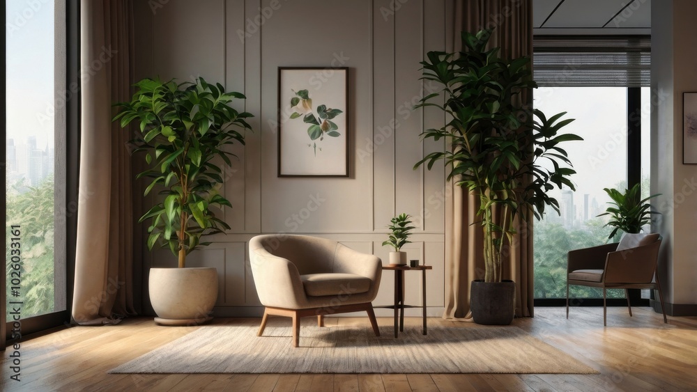 Modern Living Room Retreat: A calming and stylish living room featuring a plush armchair, potted plants, and a large window overlooking a city skyline. Modern Living Room Retreat: A calming and stylish living room featuring a plush armchair, potted plants, and a large window overlooking a city skyline.