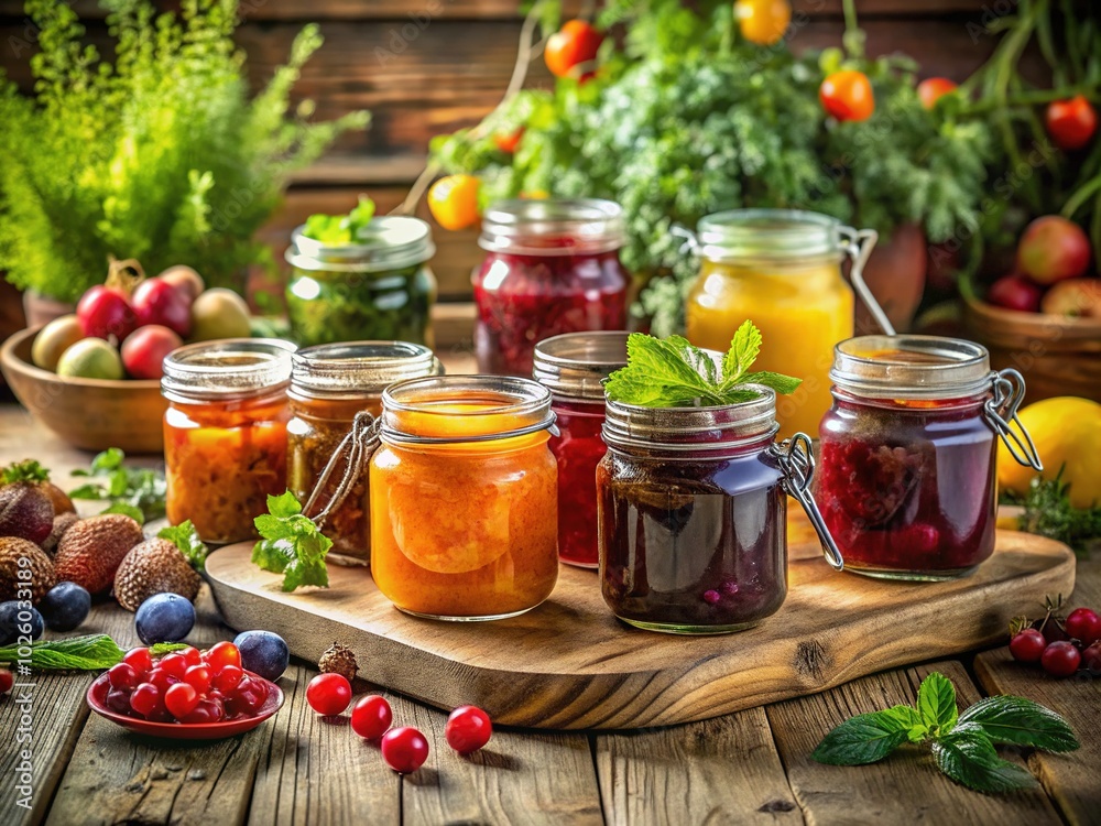 Natural Jam Preserves in Glass Jars with Metallic Lids - Organic Food Photography Natural Jam Preserves in Glass Jars with Metallic Lids - Organic Food Photography