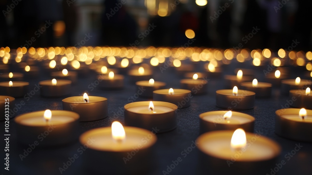 Silent Remembrance: Rows of lit candles in a memorial square pay tribute to the lives lost in war. Silent Remembrance: Rows of lit candles in a memorial square pay tribute to the lives lost in war.
