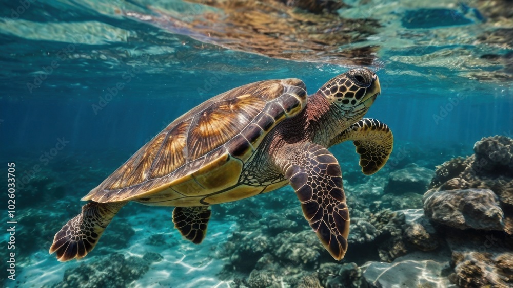 Obraz premium Sea Turtle Grace: A mesmerizing underwater photograph of a majestic sea turtle gliding effortlessly through a vibrant coral reef, showcasing the beauty and tranquility of the ocean. 