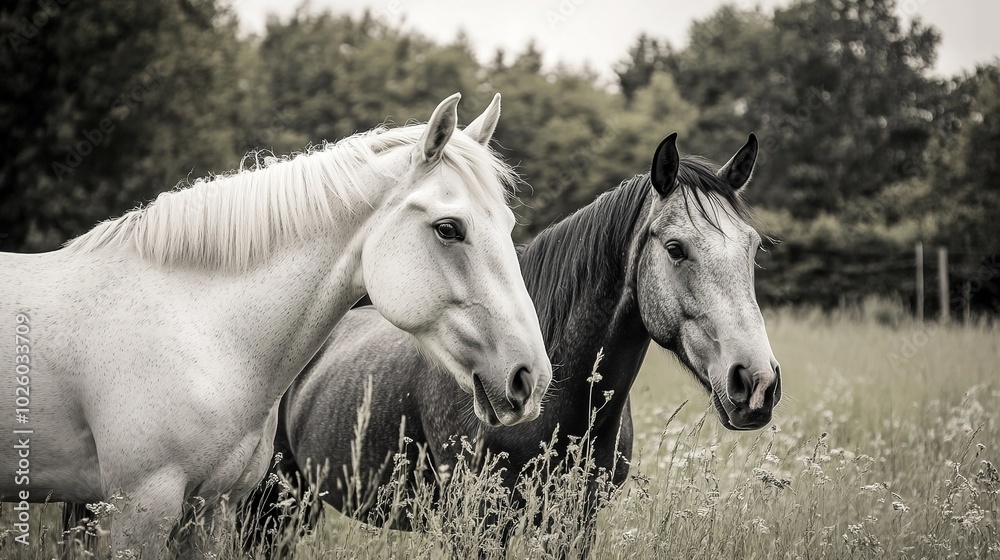 Obraz premium Majestic horse running freely in open field with flowing mane and tail, capturing the essence of wild nature and freedom in motion. Powerful gallop and graceful movement under natural sunlight