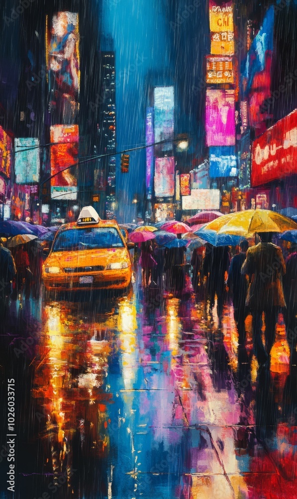 Obraz premium Rainy night in a city with a yellow cab.