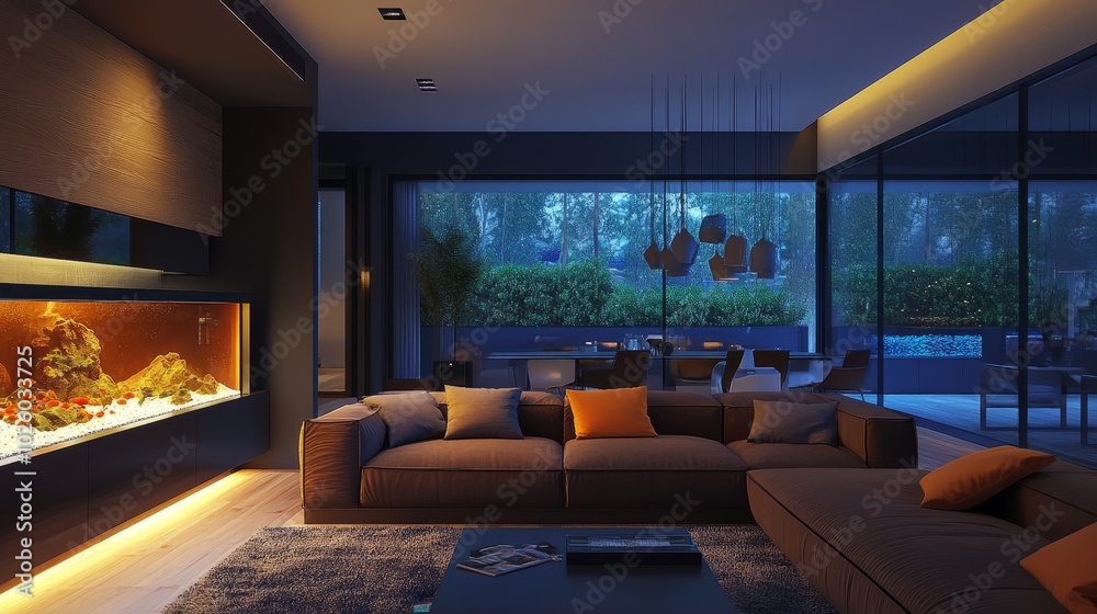 Contemporary living room with a glowing fish tank, the perfect element for a tranquil and relaxed setting. Contemporary living room with a glowing fish tank, the perfect element for a tranquil and relaxed setting.
