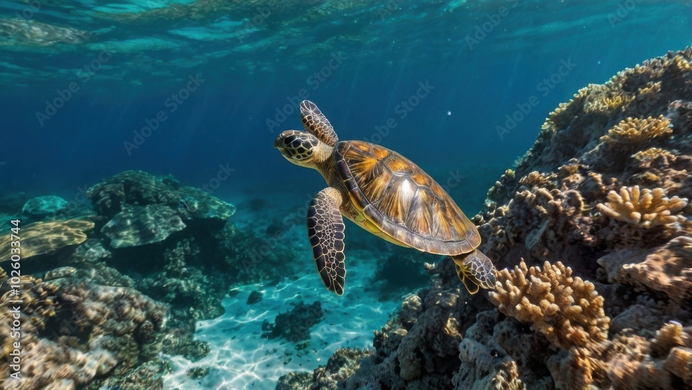 Obraz premium Graceful Green Sea Turtle in Coral Reef Paradise 