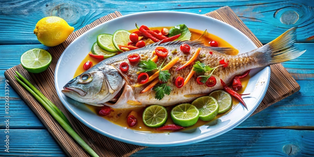 Night Photography of Steamed Fish with Chili and Lemon on Blue Wood Table - Authentic Thai Cuisine Night Photography of Steamed Fish with Chili and Lemon on Blue Wood Table - Authentic Thai Cuisine