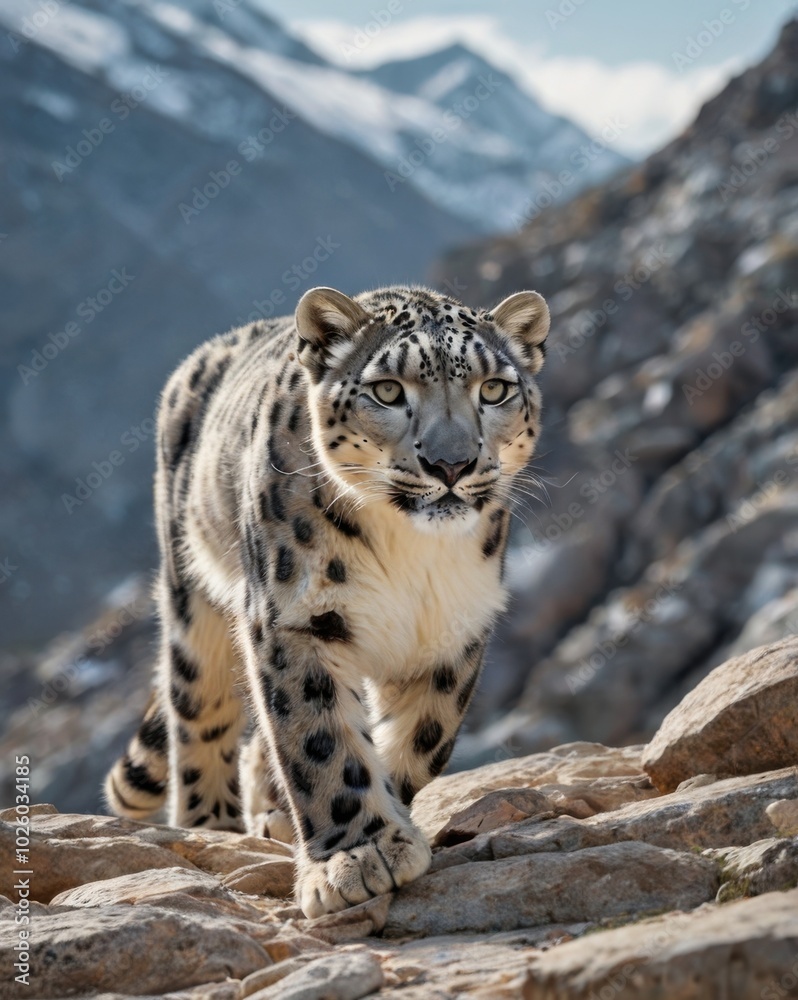 Obraz premium Snow Leopard Majesty: A majestic snow leopard gracefully navigates a rugged mountain terrain, its piercing gaze and powerful presence captured in a striking photograph.