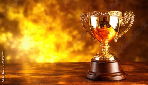 A shiny trophy sits on a wooden base, illuminated by a warm, golden background, symbolizing achievement and success. photo