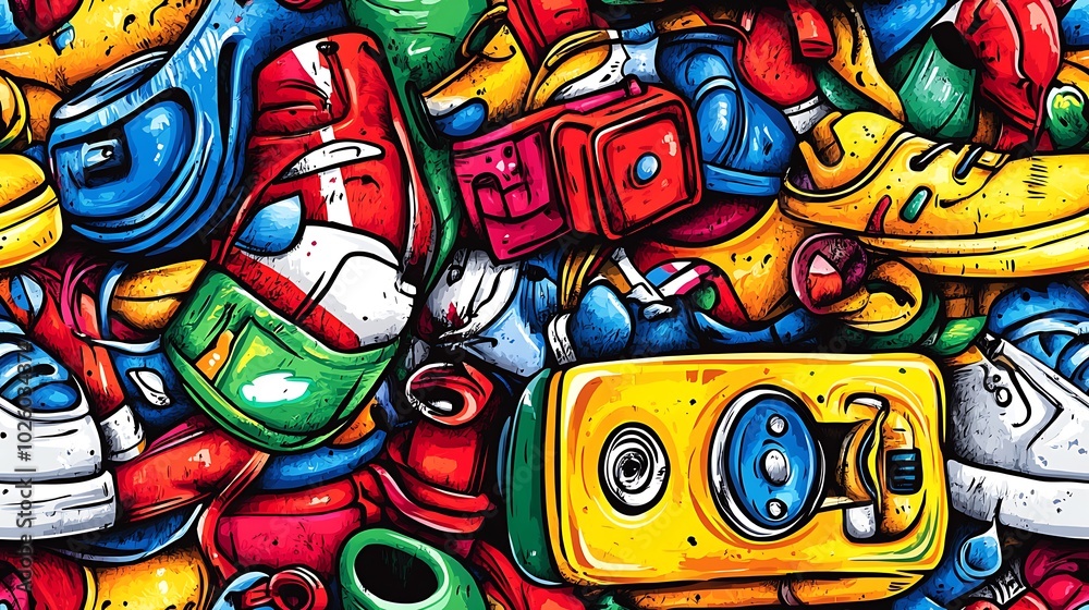A street art doodle pattern showcasing graffiti characters, boom boxes, skateboards, and vibrant sneakers, with a textured concrete wall in the background, dynamic color splashes and paint drips,