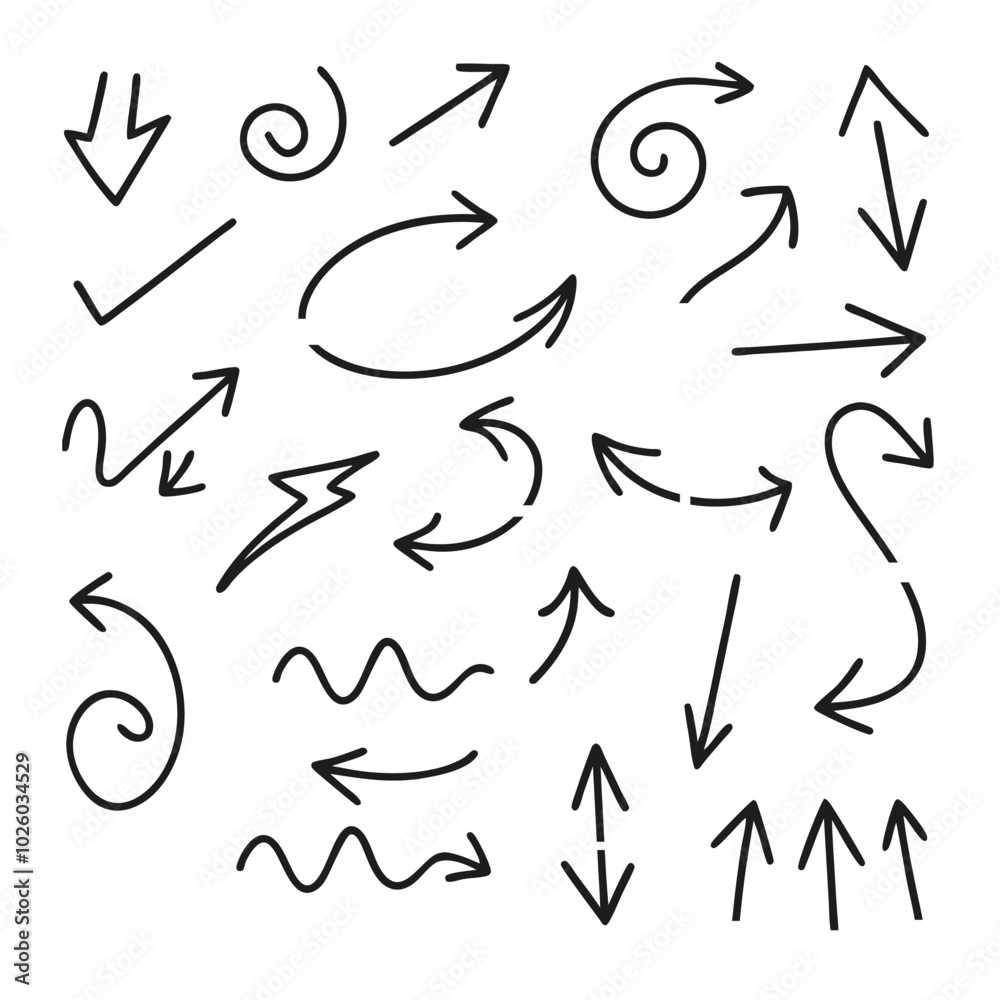 Simple Doodle Arrow Vector Icons in Hand-Drawn Style. Simple Doodle Arrow Vector Icons in Hand-Drawn Style.