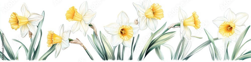 Fototapeta premium Elegant watercolor illustration of white and yellow daffodils with lush green leaves in a serene floral arrangement.