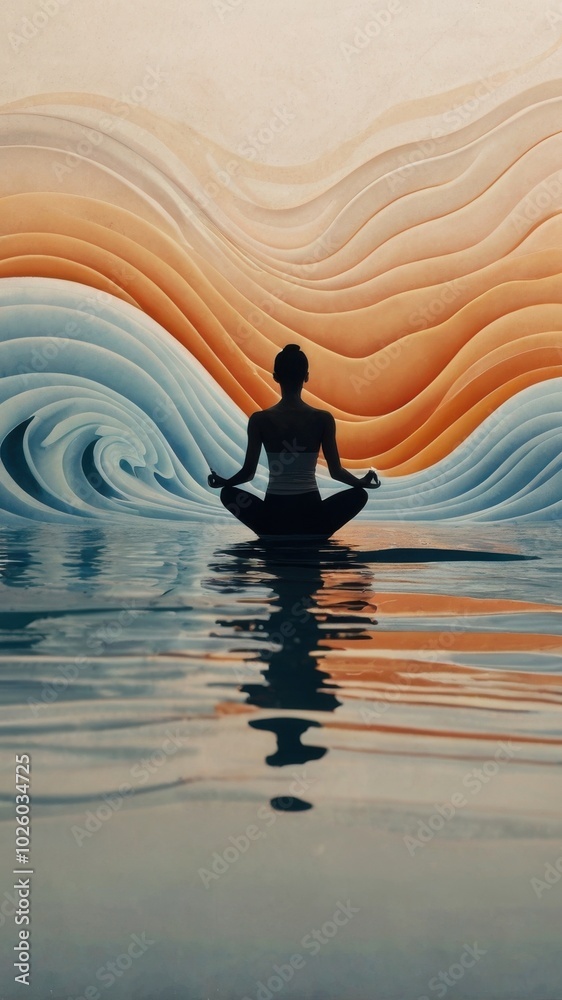 Serene Waters, Peaceful Mind: A woman meditates in lotus position on calm water, reflected against a backdrop of abstract, flowing waves in calming sunset hues. Serene Waters, Peaceful Mind: A woman meditates in lotus position on calm water, reflected against a backdrop of abstract, flowing waves in calming sunset hues.