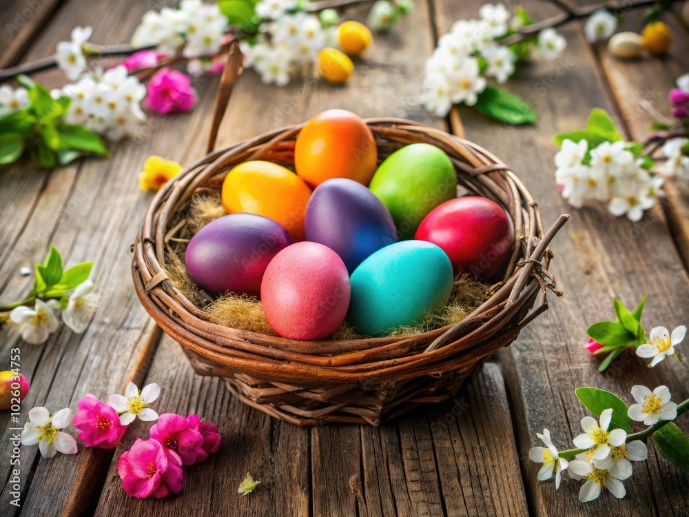 Easter eggs in vibrant colors rest within a charming rustic basket, set against a weathered wooden table adorned with fresh spring blooms for a delightful scene. Easter eggs in vibrant colors rest within a charming rustic basket, set against a weathered wooden table adorned with fresh spring blooms for a delightful scene.