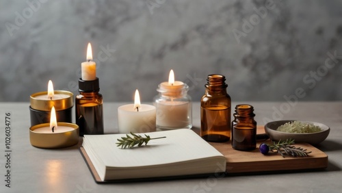 Serene Candlelight Ritual: A tranquil scene of burning candles, essential oil bottles, and a blank notebook on a wooden tray, creating a calming and inviting atmosphere for self-care and reflection.