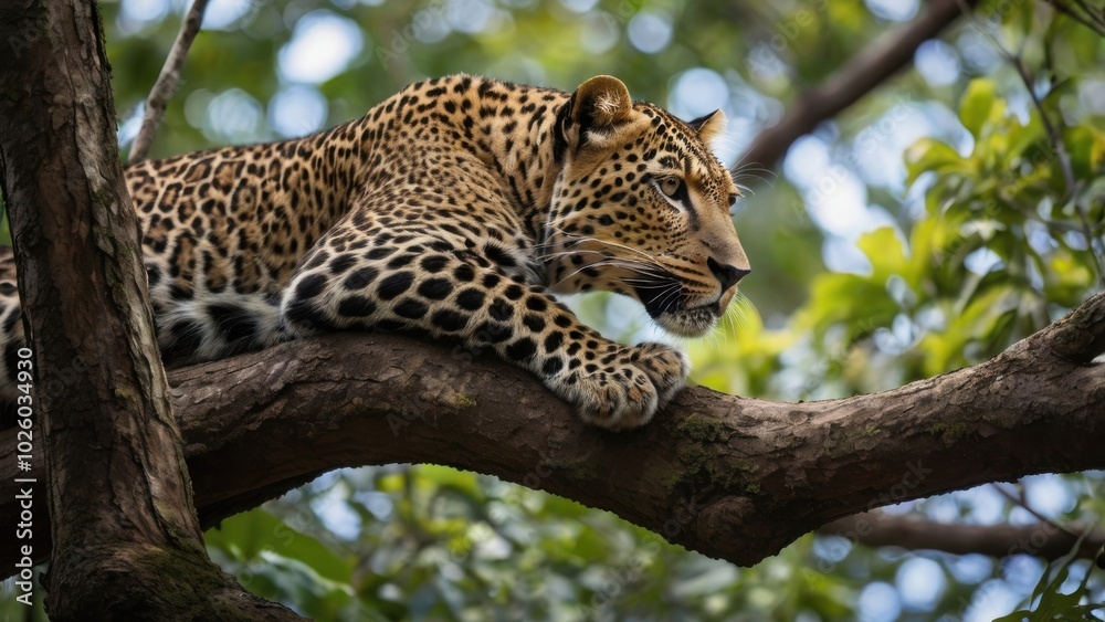 Leopard Resting in Tree: Majestic leopard lounging on a branch, showcasing its powerful build and stunning spots. Leopard Resting in Tree: Majestic leopard lounging on a branch, showcasing its powerful build and stunning spots.