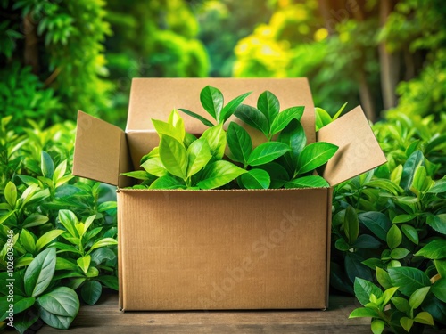 Eco-friendly cardboard packaging adorned with green leaves promotes sustainable living and embraces the zero waste concept, ensuring a greener future for our planet.