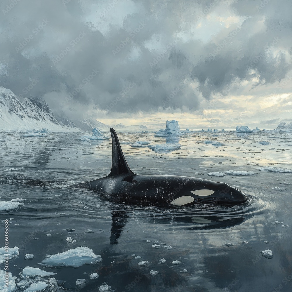 Fototapeta premium Orca swimming in icy waters under dramatic cloudy skies at dawn in Antarctica