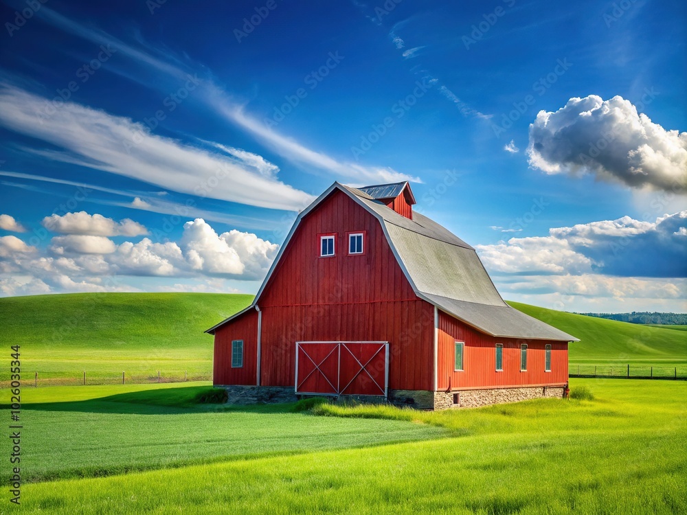 Red Barn in Oregon Farmland - Minimalist Photography of Rural Charm Red Barn in Oregon Farmland - Minimalist Photography of Rural Charm