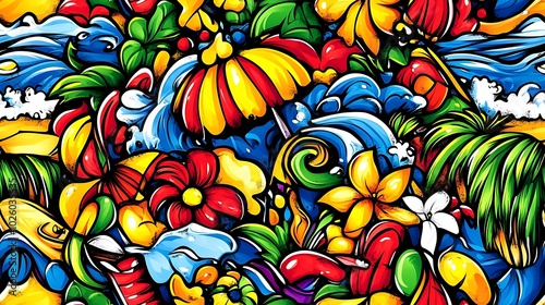 A tropical-themed doodle pattern of beach umbrellas, surfboards, palm trees, and exotic flowers, with a bright sandy beach and ocean waves in the background, vibrant and lively colors, hd quality,