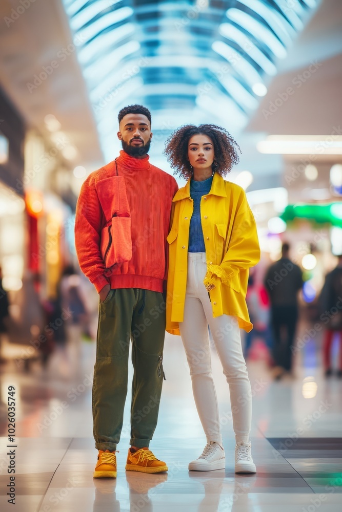 Vertical photo of a young couple, an African man and a woman with curly hair, standing together in colorful modern outfits at a mall. Bright colors and stylish urban vibe. Vertical photo of a young couple, an African man and a woman with curly hair, standing together in colorful modern outfits at a mall. Bright colors and stylish urban vibe.