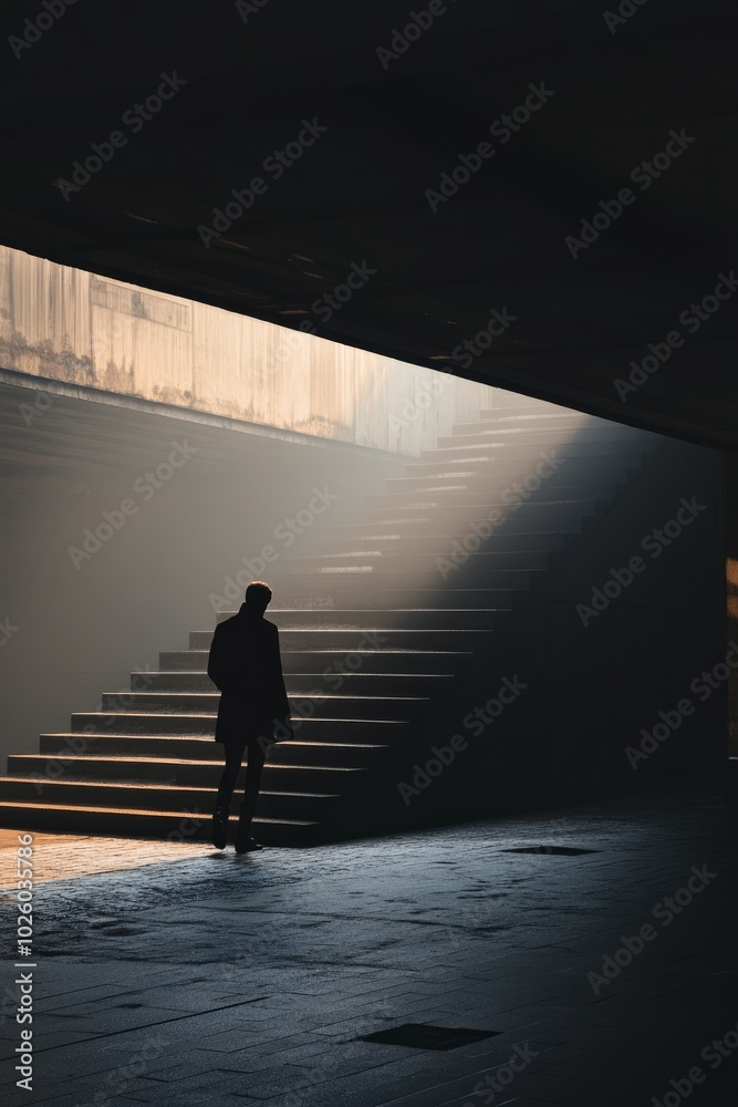 Silhouette of a man walking up stairs into sunlight in a dark, moody ...