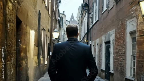 Man is filmed from the waist up, walking smoothly with his back to the camera along a narrow city alley at dusk. His silhouette contrasts against the dim street lamps, and his purposeful stride create