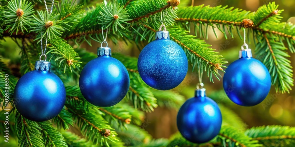 Fototapeta premium Elegant blue Christmas ornaments gracefully adorn spruce tree branches, embodying the essence of 2020's Color of the Year, creating a festive and serene atmosphere.