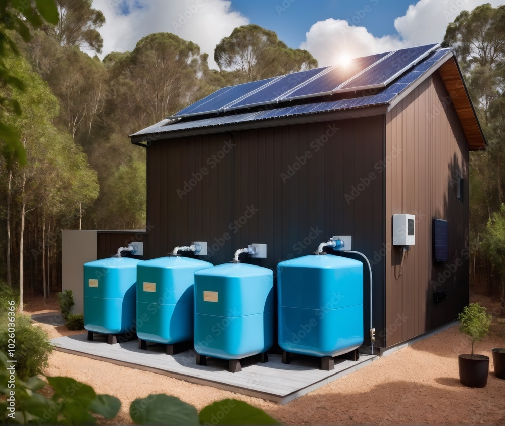 A modern home equipped with a rainwater harvesting system and solar panels, combining sustainable water collection and renewable energy. The large storage tank efficiently collects rainwater while sol A modern home equipped with a rainwater harvesting system and solar panels, combining sustainable water collection and renewable energy. The large storage tank efficiently collects rainwater while sol