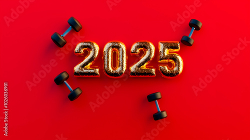 New Year 2025 Fitness Goals Concept with Golden Balloon Numbers and Black Dumbbells on Vibrant Red Background