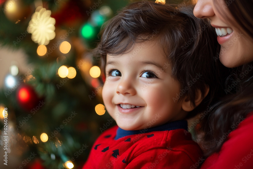 Generative AI image of mother father child couple family together by decorated Christmas tree holiday celebration themes Generative AI image of mother father child couple family together by decorated Christmas tree holiday celebration themes