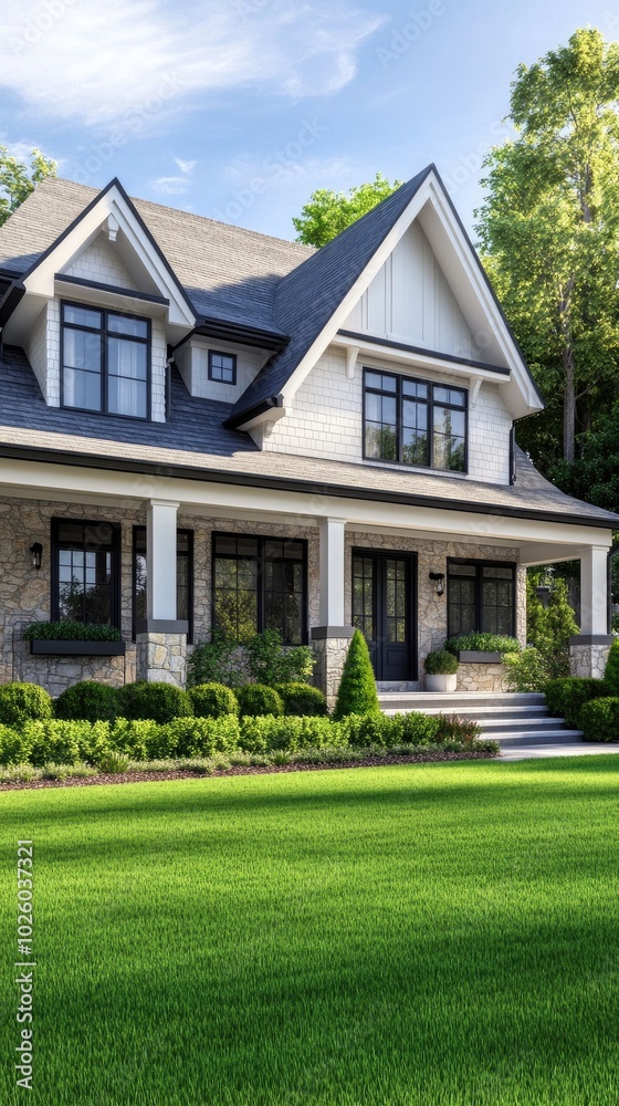 Obraz premium This beautifully designed modern farmhouse features an inviting front porch, stone accents, and a lush green lawn, creating a tranquil and appealing atmosphere