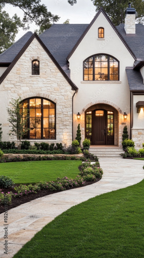 This beautifully designed modern farmhouse features an inviting front porch, stone accents, and a lush green lawn, creating a tranquil and appealing atmosphere This beautifully designed modern farmhouse features an inviting front porch, stone accents, and a lush green lawn, creating a tranquil and appealing atmosphere