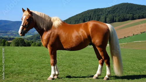 Stunning Haflinger horse in a natural pose, gazing to the left. Perfect for equestrian-themed projects, stock imagery, or nature-inspired artwork