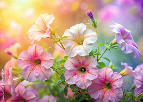 Elegant floral design featuring soft pastel hues and delicate petunia flowers, crafting a serene background that enhances any artistic project with a touch of sophistication.