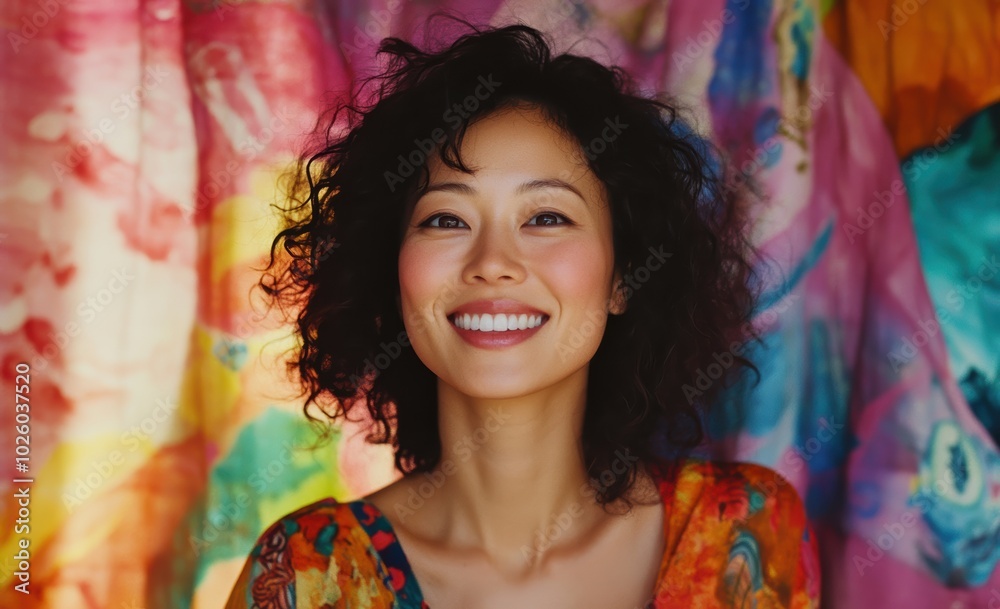 Fototapeta premium A young Asian woman smiles against a vibrant melted colorful backdrop, radiating joy and positivity. Her natural expression is perfect for projects focusing on happiness and energy.