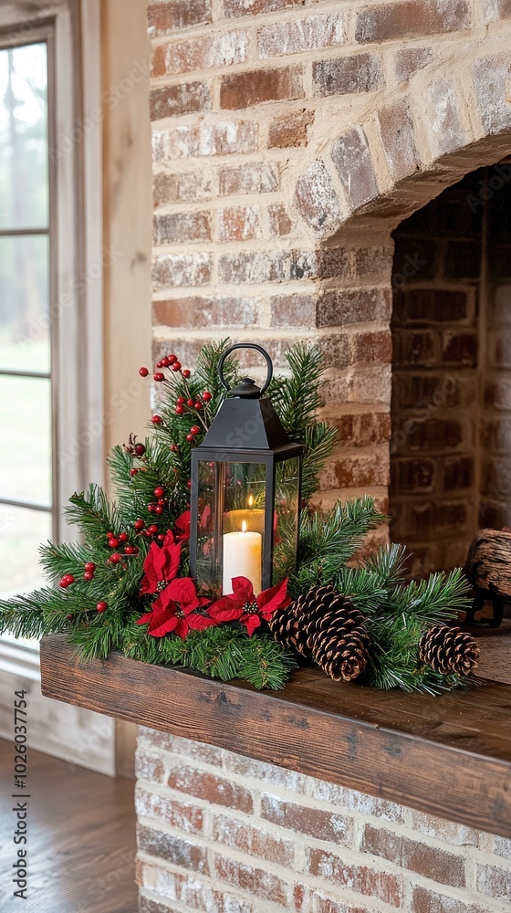 Fototapeta premium This charming Christmas lantern, adorned with pine cones and holly berries, adds a festive touch to the decor on a table in front of a rustic brick wall
